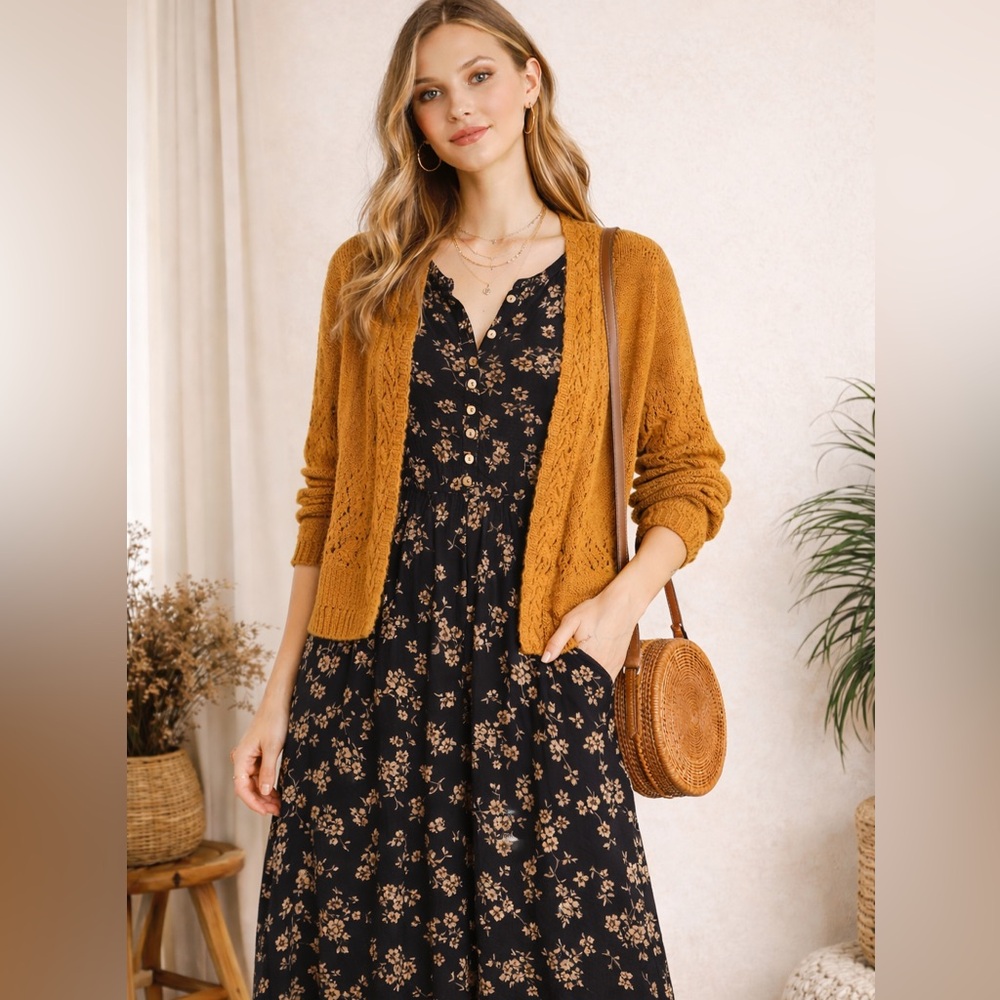 LA Serissa Vintage Mustard Open Knit Fall Boho Lightweight Cardigan Size L